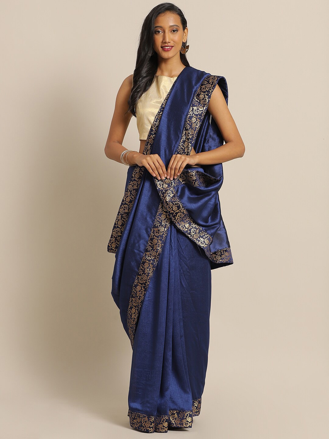 

Sangria Woven Designed Border Saree, Navy blue