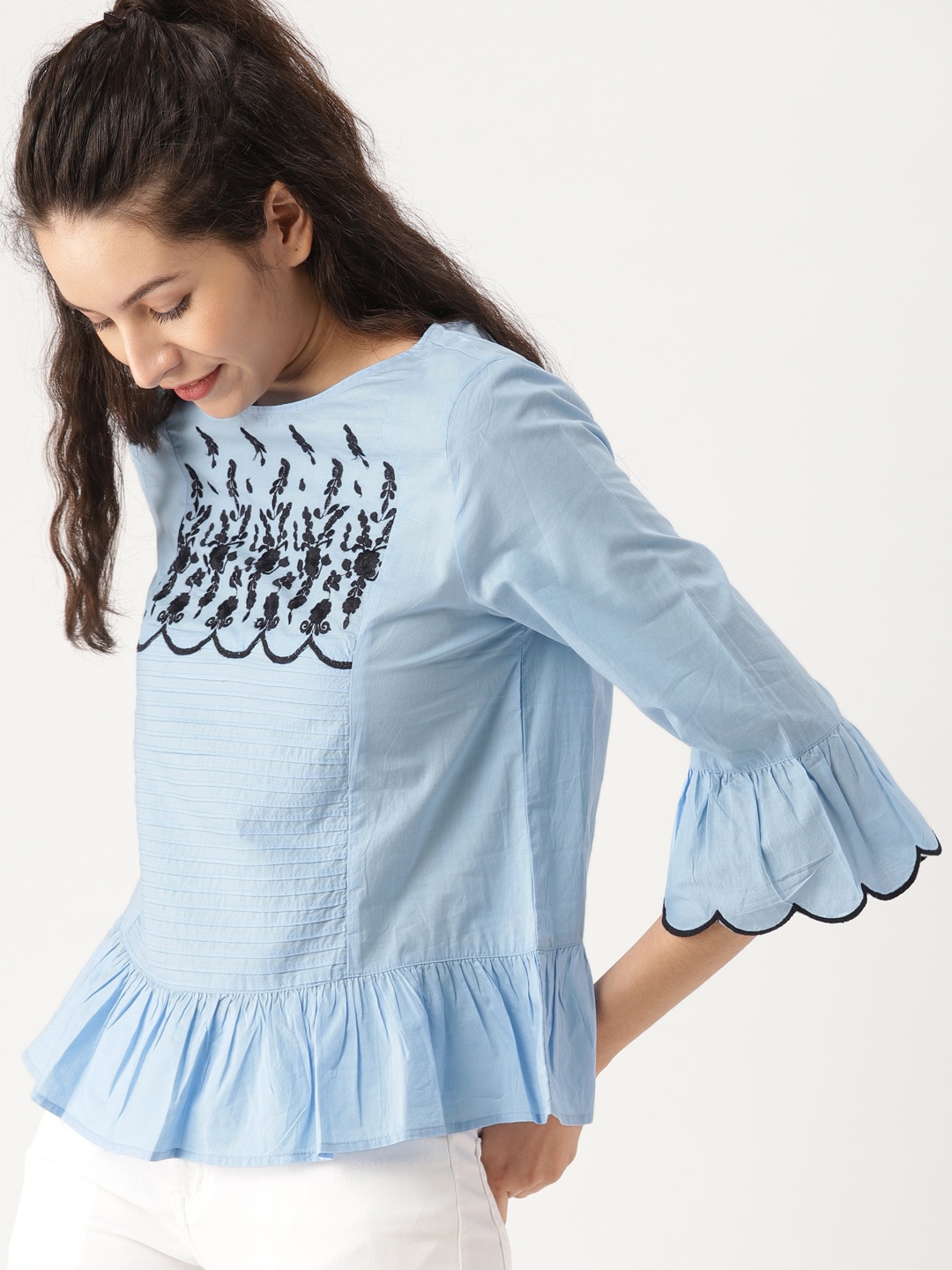 

DressBerry Women Blue Embroidered Pure Cotton Top