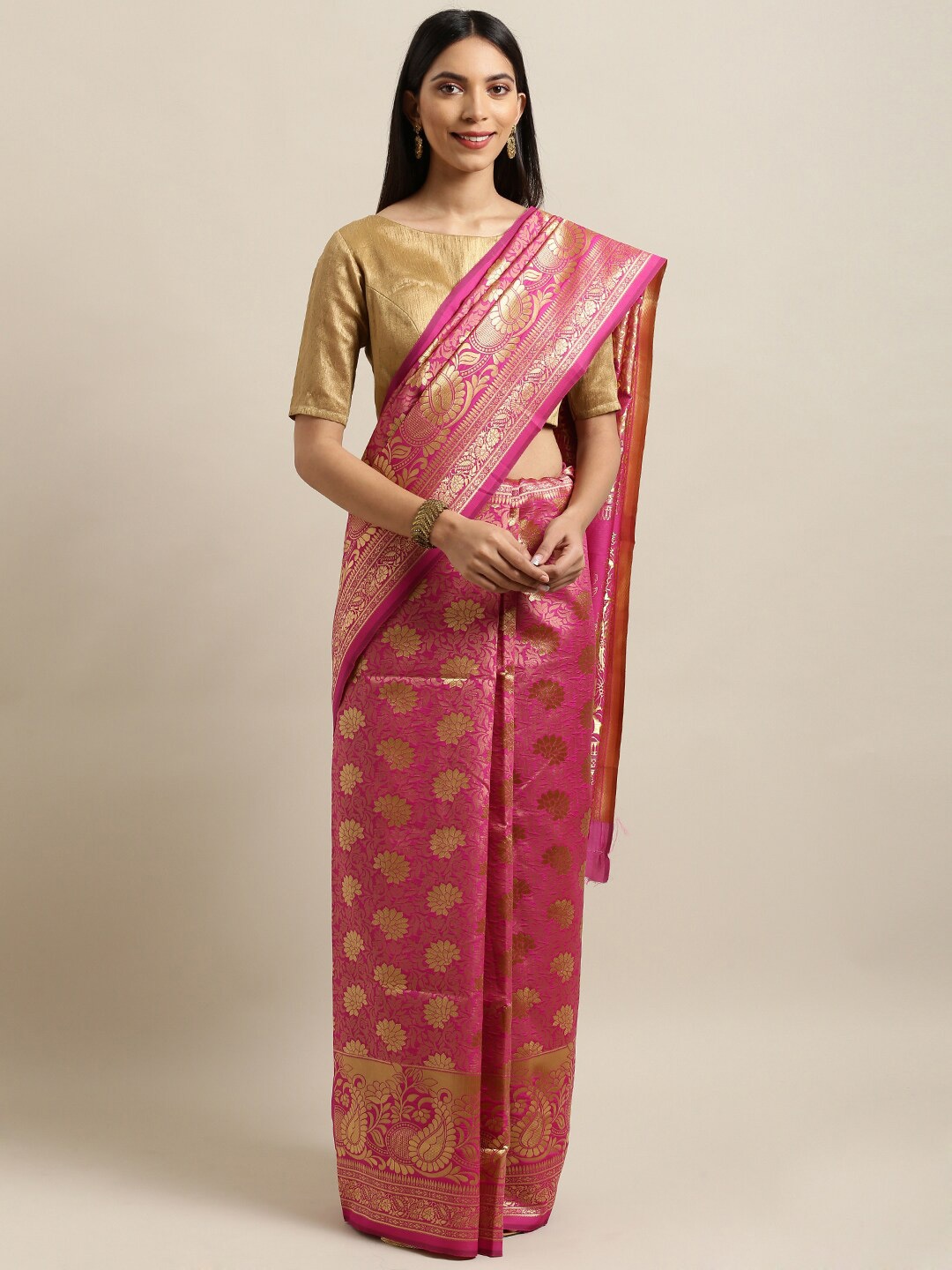

Sangria Ethnic Motifs Woven Design Zari Saree, Pink