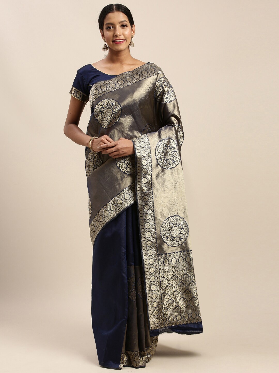 

Sangria Navy Blue Ethnic Motifs Woven Design Sarees