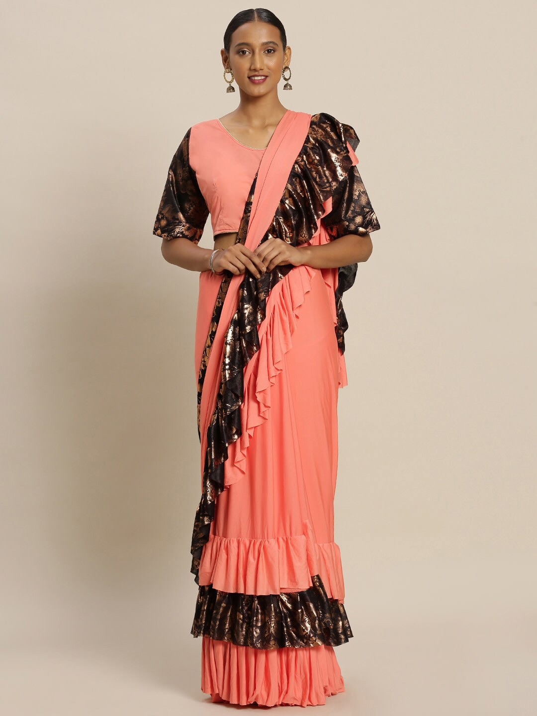 

Sangria Peach-Coloured Foil Printed Ruffle Saree