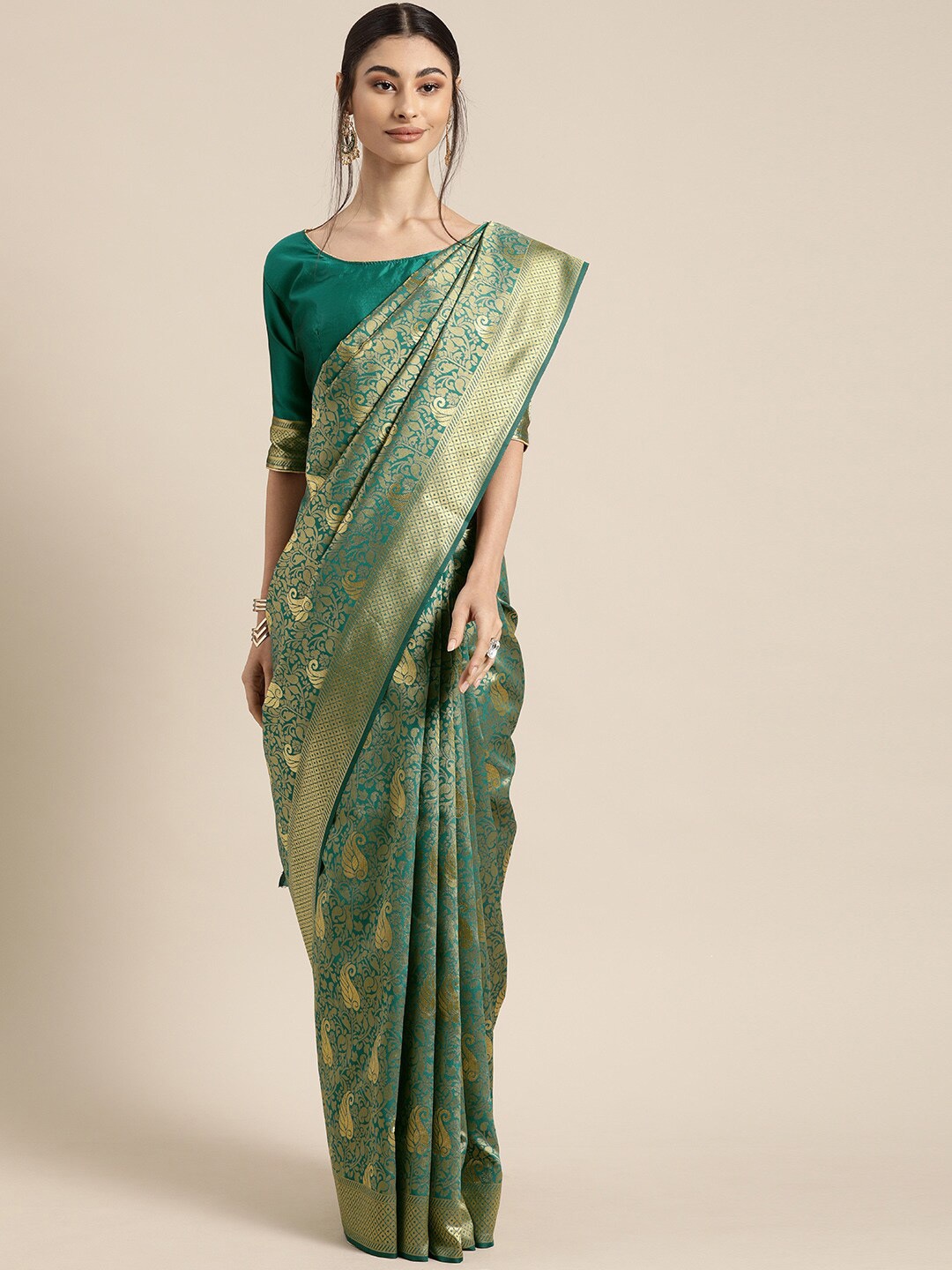 

Sangria Green Ethnic Motifs Woven Design Zari Banarasi Saree