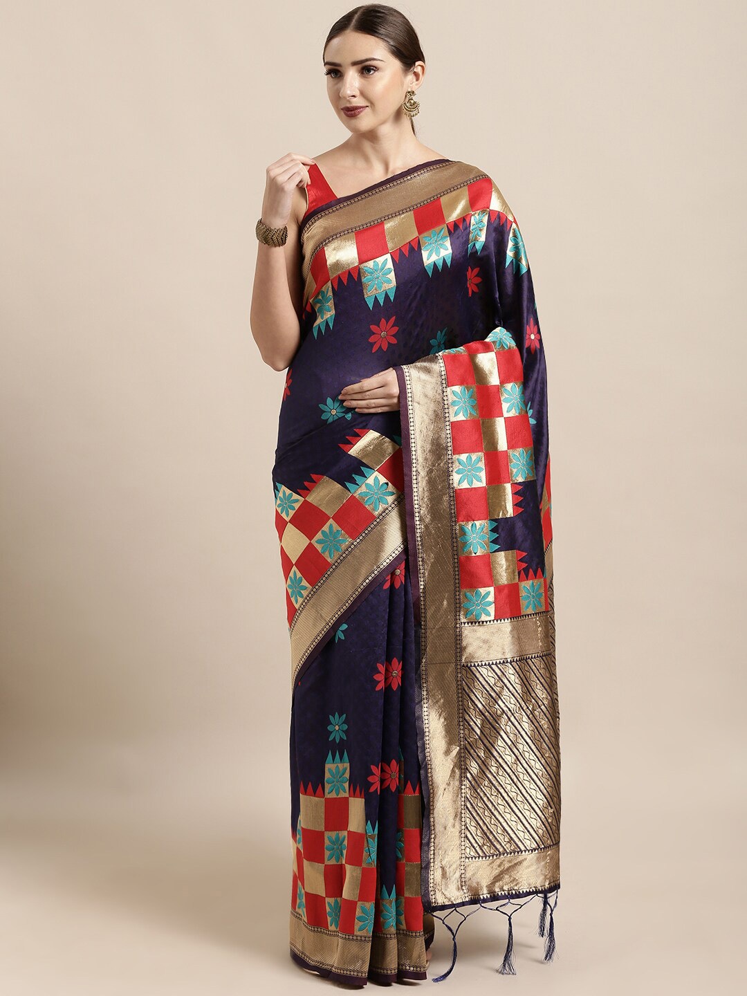 

Sangria Ethnic Motifs Woven Designed Saree, Navy blue