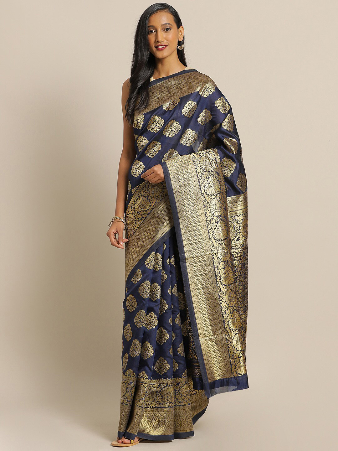 

Sangria Navy Blue ethnic Motifs Woven Designed Sarees