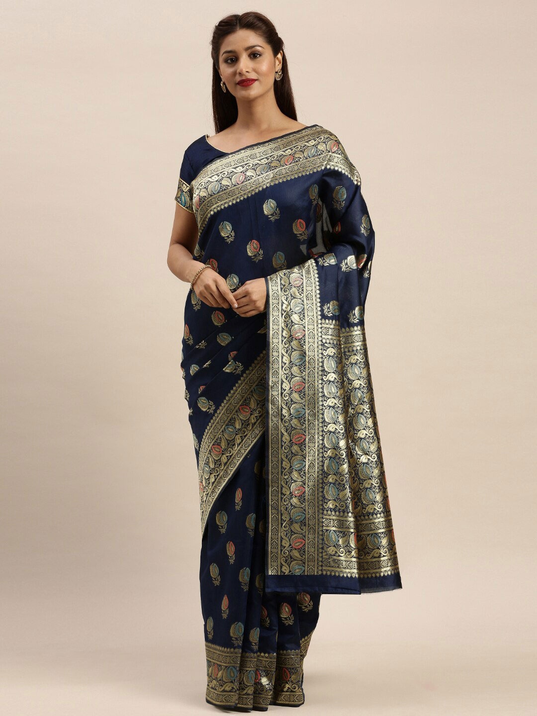 

Sangria Navy Blue Ethnic Motifs Woven Design Zari Banarasi Saree