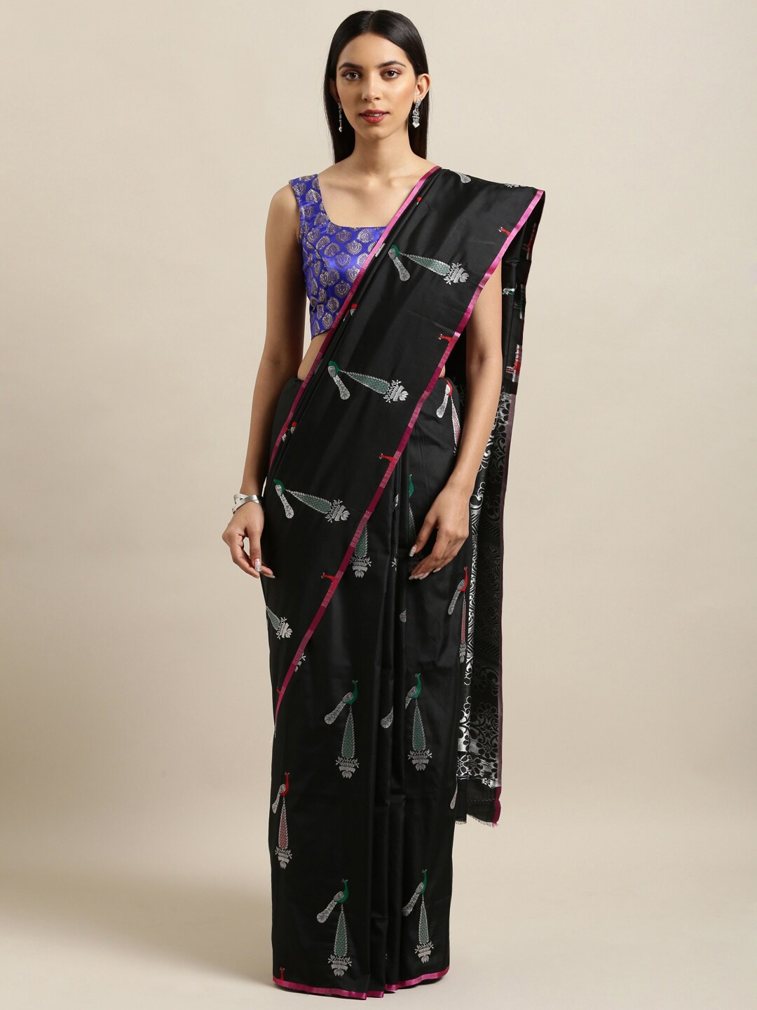 

Sangria Ethnic Motifs Woven Design Zari Banarasi Sarees, Black