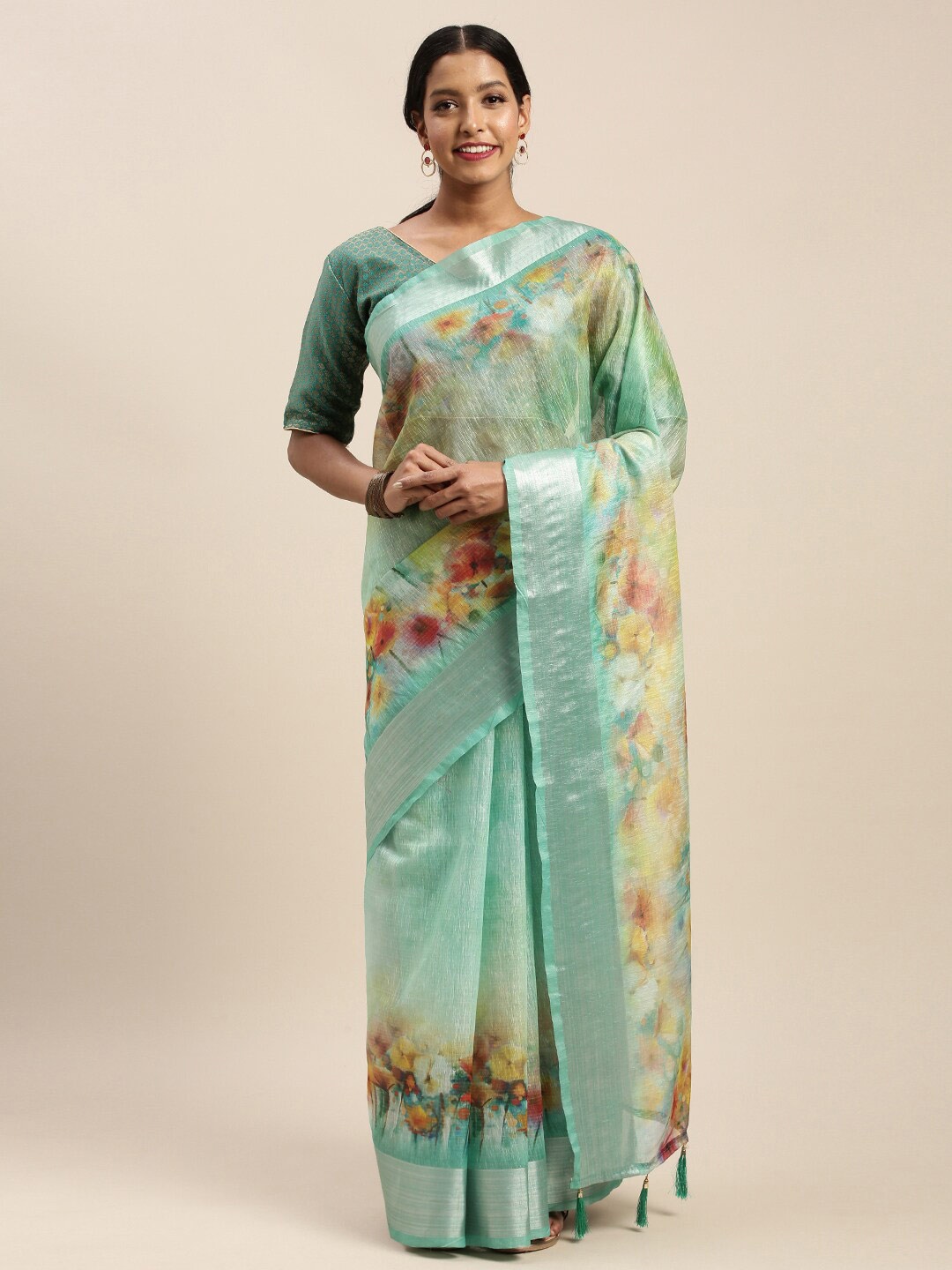 

Sangria Floral Printed Sarees, Sea green