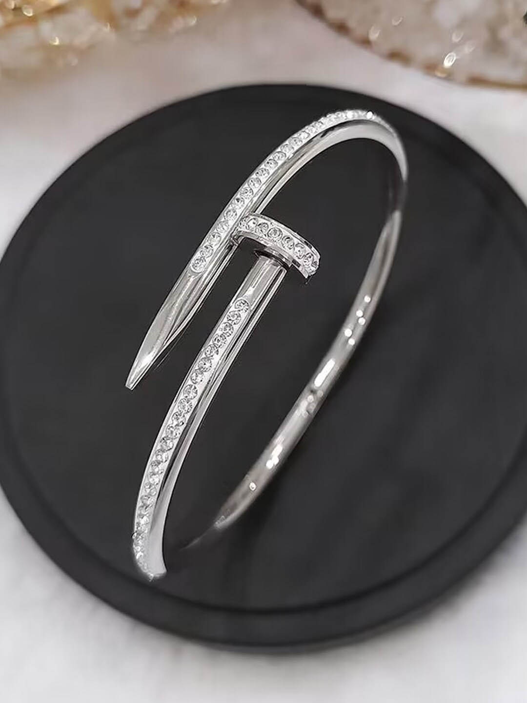 

Designs & You Silver Plated Stainless Steel American Diamond Studded Cuff Bracelet