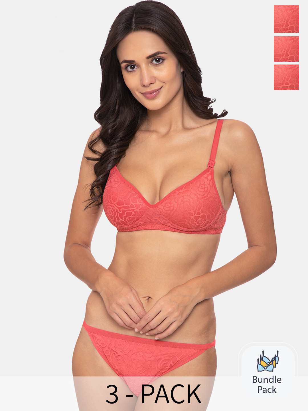 

KOMLI Pack Of 3 Lingerie Set K-906-3PC-CRL_SP23, Coral