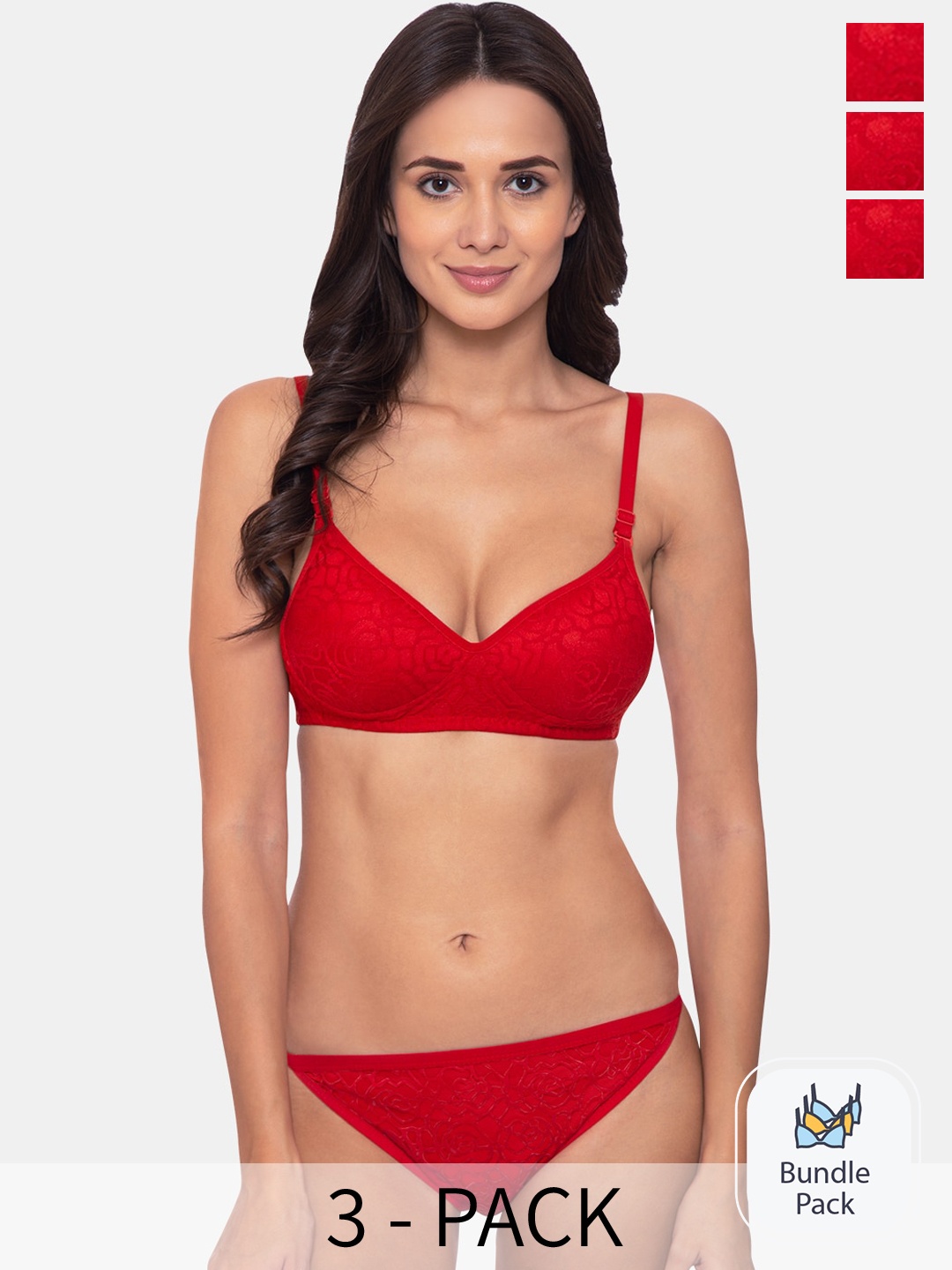 

KOMLI Pack Of 3 Lingerie Set K-906-3PC-RD_SP23, Red