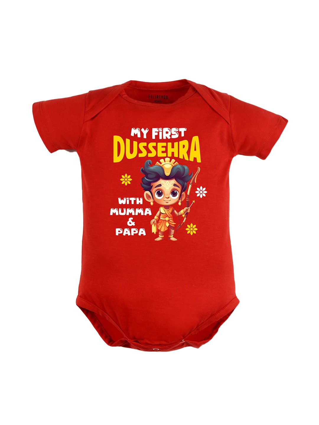 

FFLIRTYGO Infants Typography Printed Dussehra Special Pure Cotton Bodysuit, Red