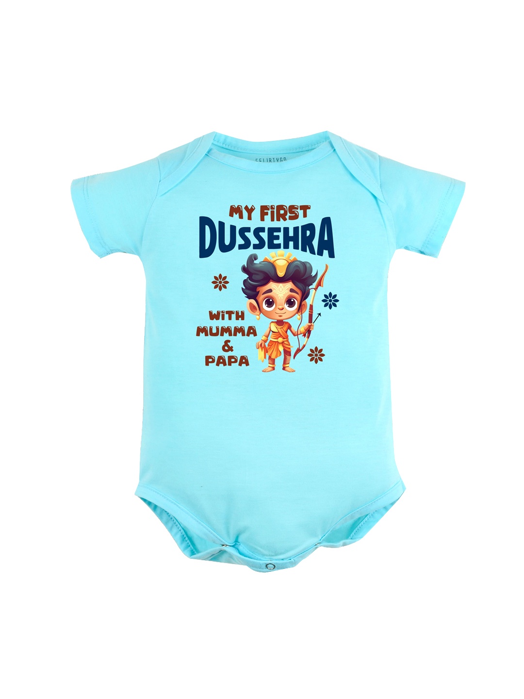 

FFLIRTYGO Infants Typography Printed Dussehra Special Pure Cotton Bodysuit, Turquoise blue