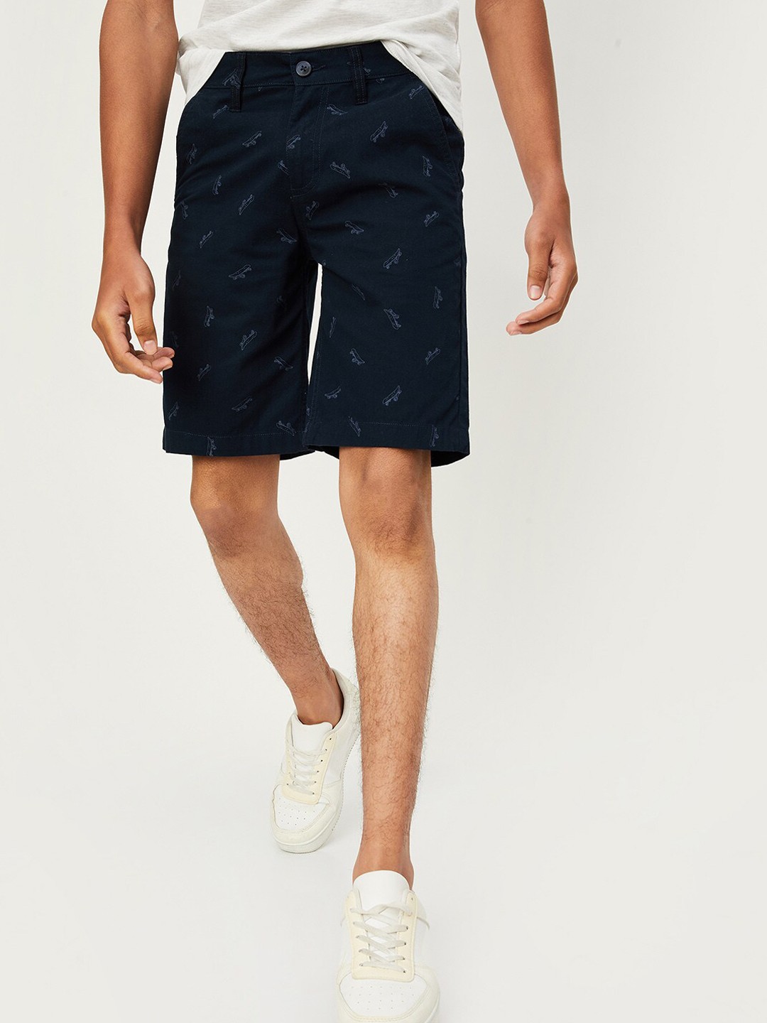

max Boys Printed Mid-Rise Cotton Shorts, Navy blue