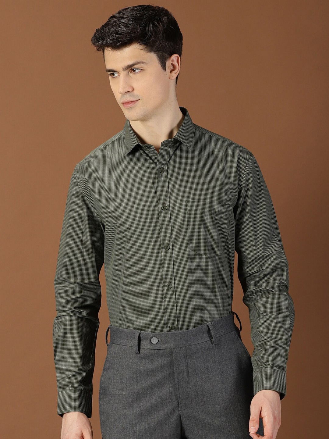 

INVICTUS Original Slim Fit Micro Checked Spread Collar Cotton Formal Shirt, Green