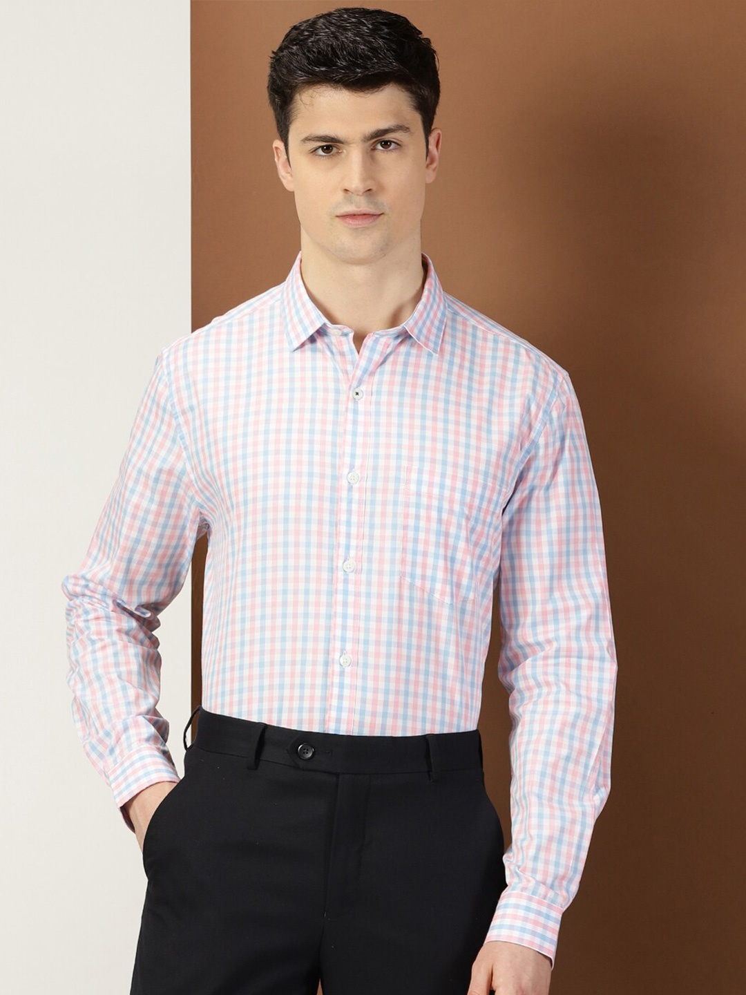 

INVICTUS Original Slim Fit Grid Tattersall Checked Spread Collar Cotton Formal Shirt, White