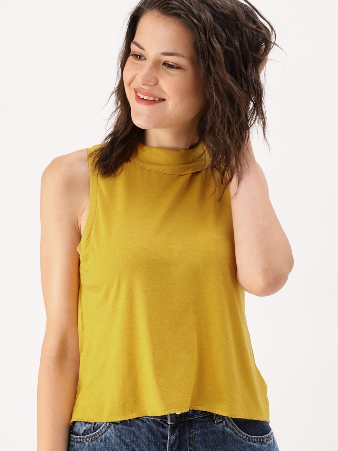 

DressBerry Women Mustard Yellow Solid Styled Back Top