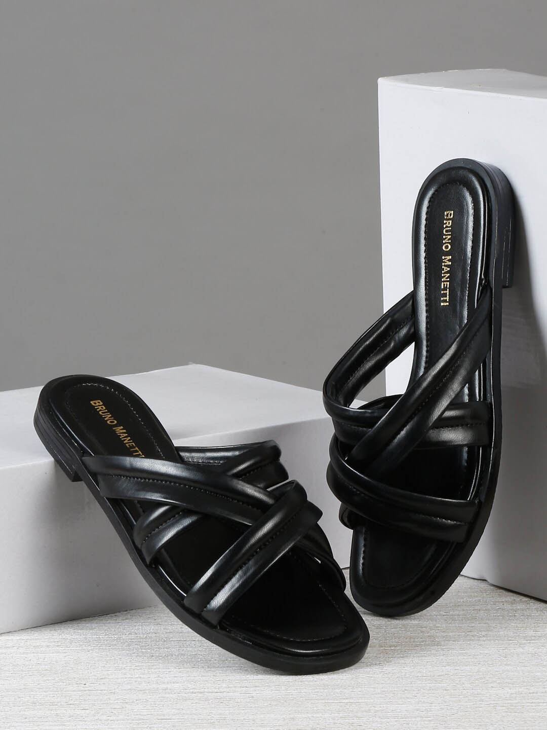 

Bruno Manetti Criss-Cross Strap Open Toe Flats, Black