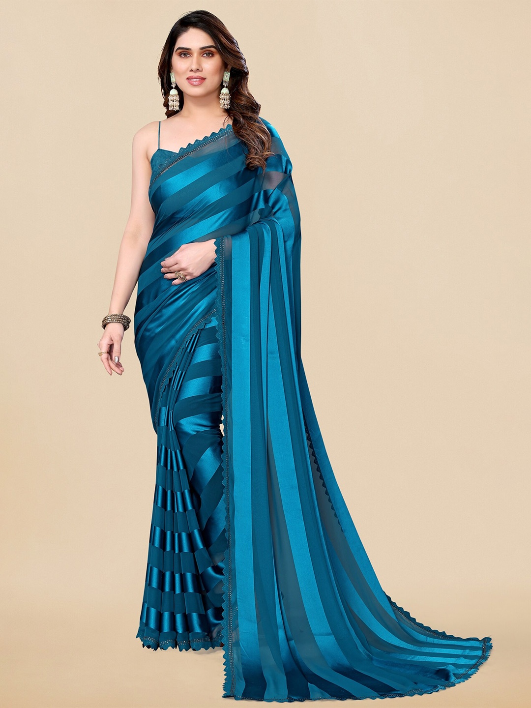 

MIRCHI FASHION Striped Beads and Stones Saree, Blue