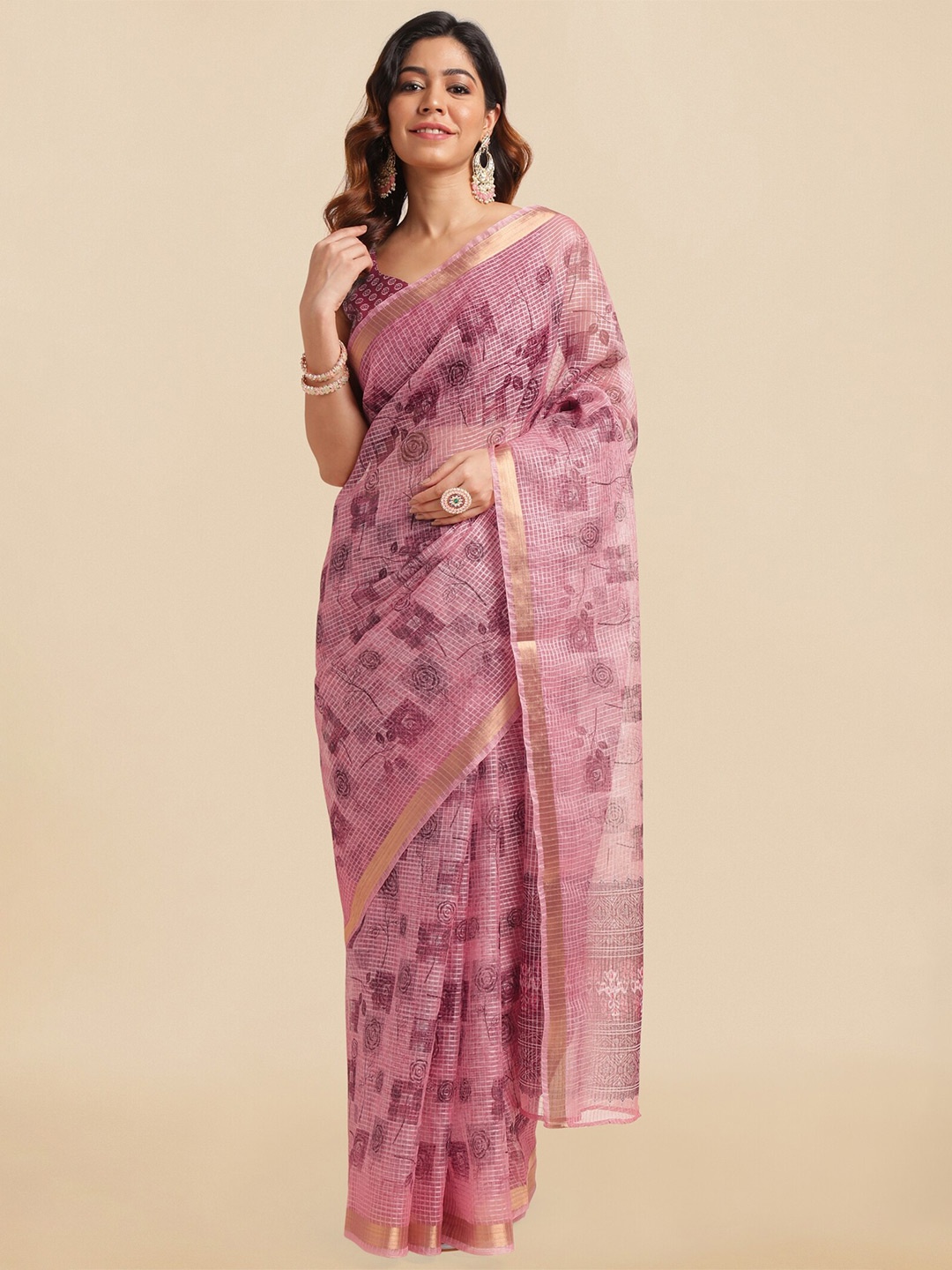 

MIRCHI FASHION Floral Printed Zari Saree, Pink