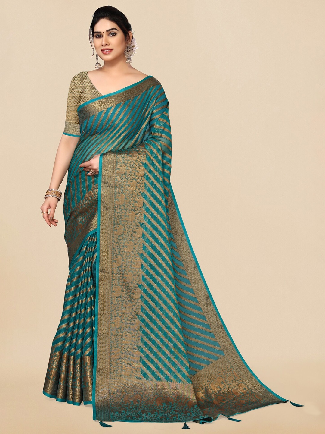 

MIRCHI FASHION Woven Design Zari Leheriya Saree, Turquoise blue
