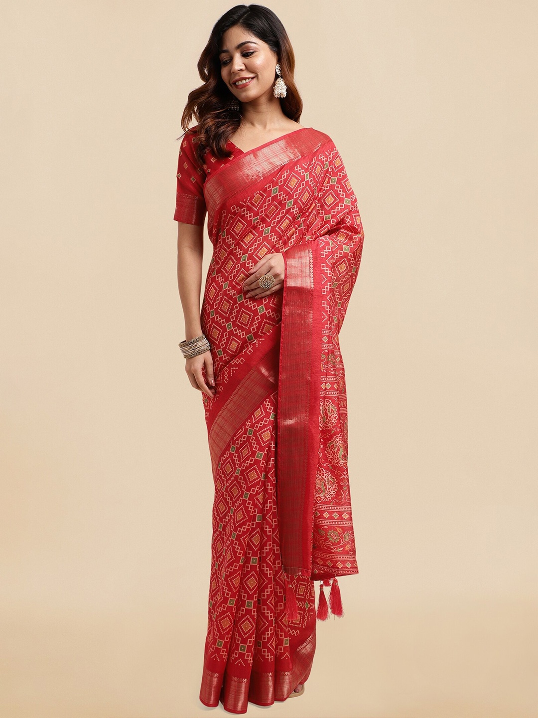 

KALINI Ethnic Motifs Printed Zari Saree, Red