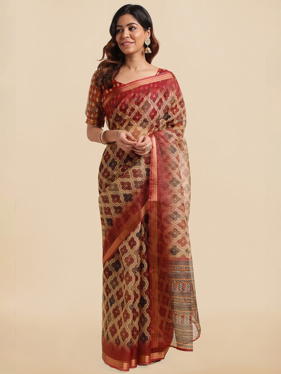 

MIRCHI FASHION Ethnic Motifs Printed Zari Saree, Beige