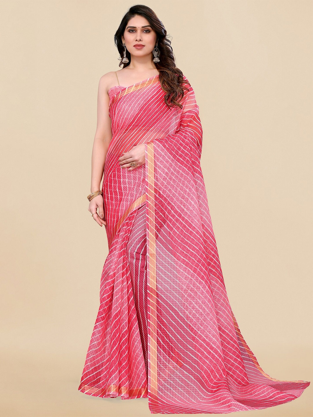 

MIRCHI FASHION Leheriya Printed Zari Saree, Pink