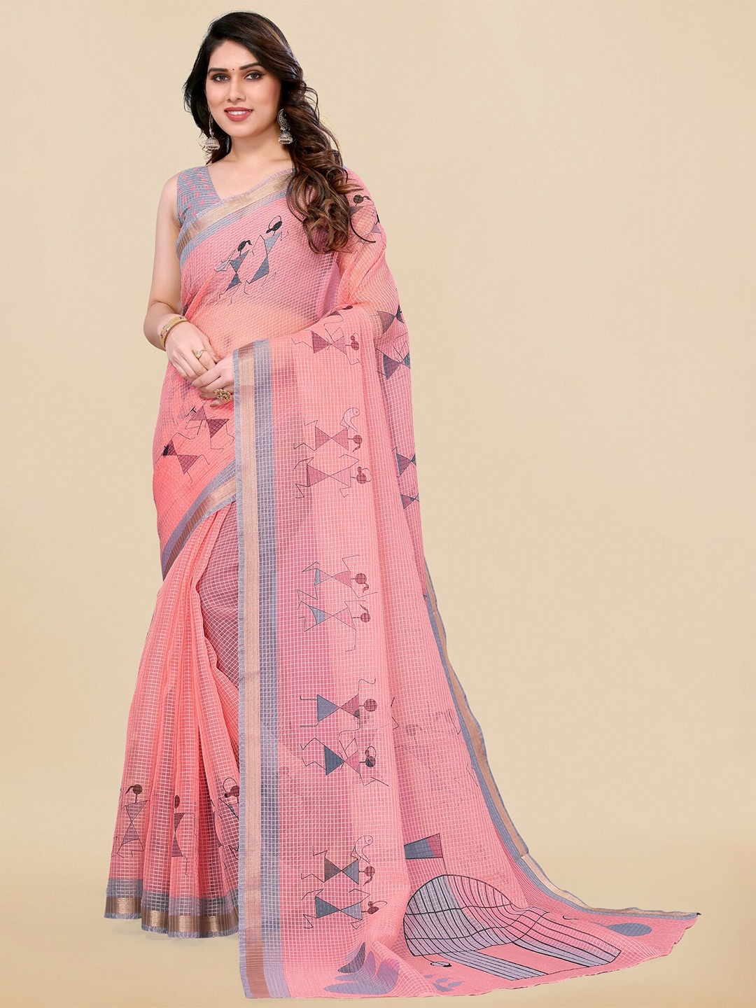 

MIRCHI FASHION Warli Printed Zari Saree, Pink