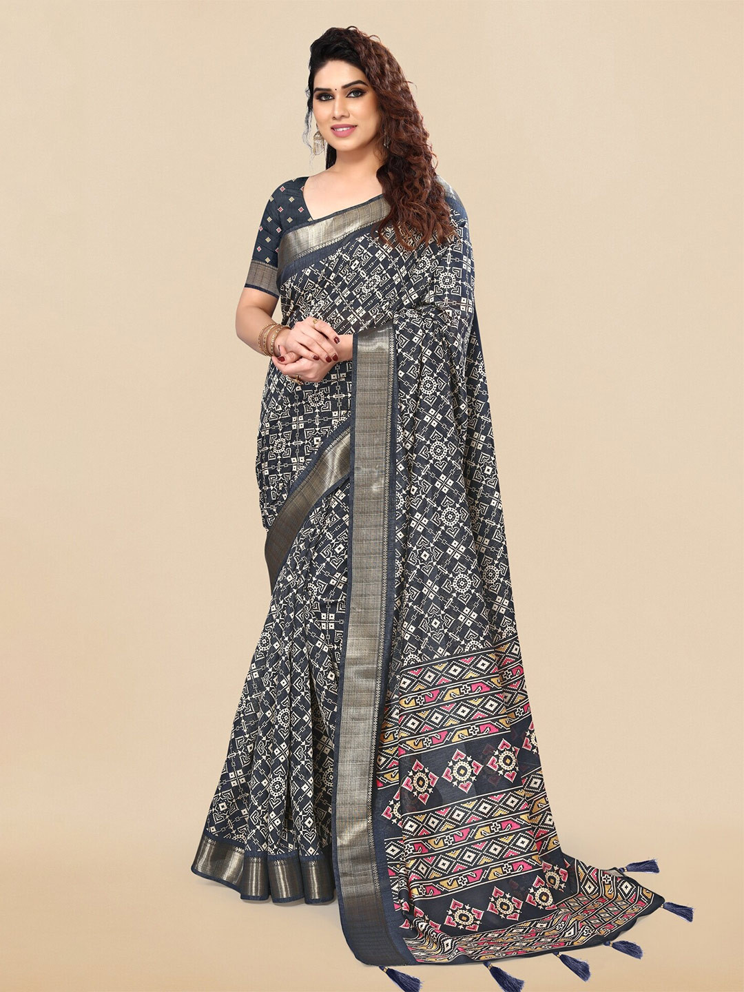

KALINI Ethnic Motifs Printed Zari Saree, Navy blue