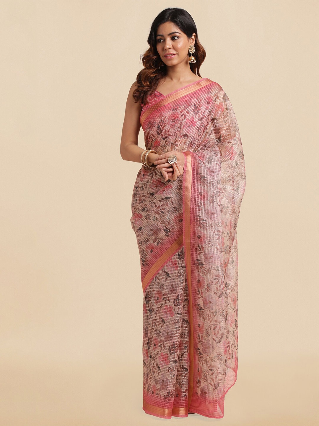 

MIRCHI FASHION Floral Printed Zari Saree, Cream