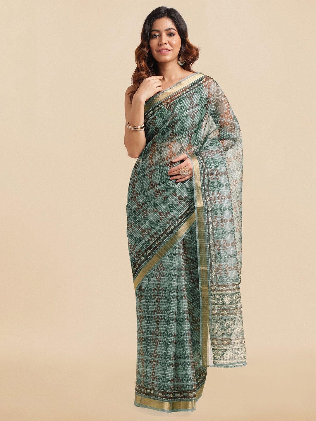 

MIRCHI FASHION Ethnic Motifs Printed Zari Block Print Saree, Teal