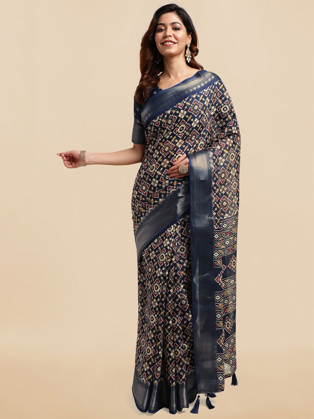 

KALINI Ethnic Motifs Printed Zari Saree, Navy blue