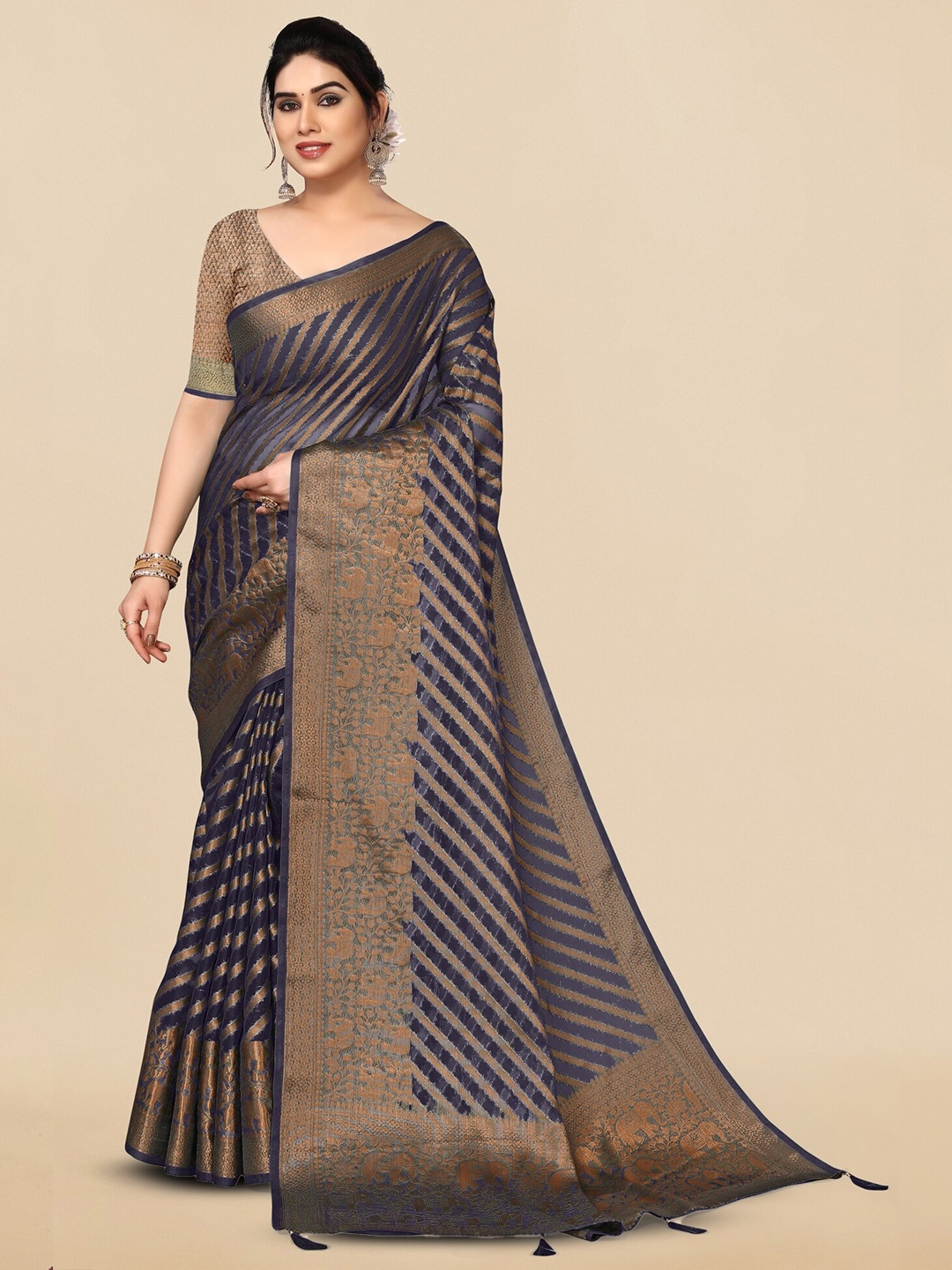 

MIRCHI FASHION Leheriya Woven Design Zari Organza Saree, Navy blue