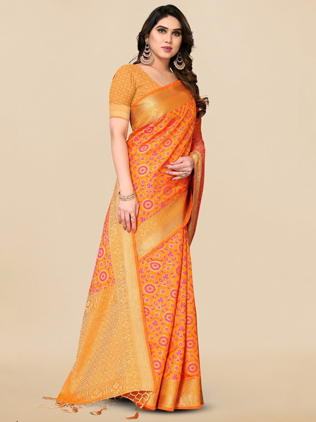 

MIRCHI FASHION Floral Woven Design Zari Saree, Orange