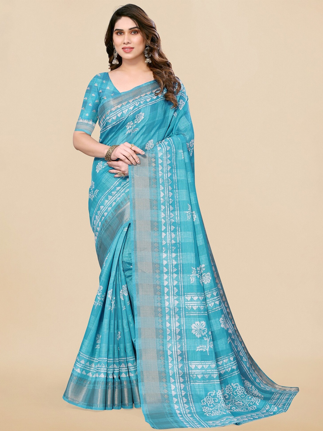 

MIRCHI FASHION Floral Printed Saree, Turquoise blue