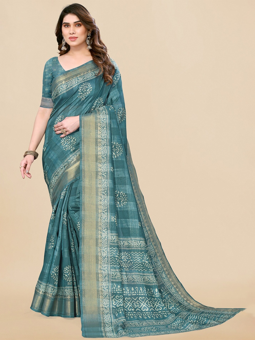 

MIRCHI FASHION Ethnic Motifs Printed Zari Block Print Saree, Blue