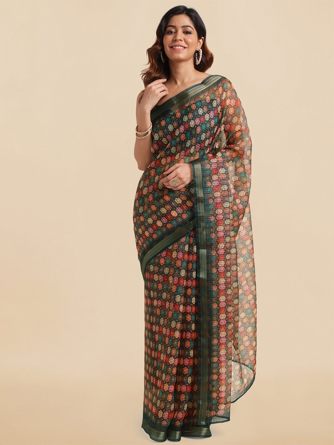 

MIRCHI FASHION Geometric Printed Zari Saree, Green