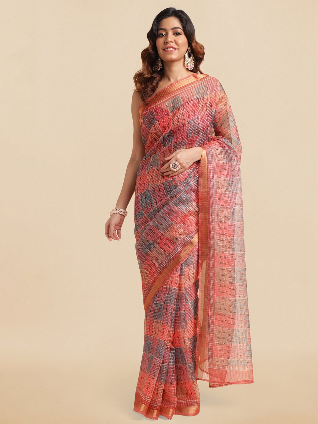 

MIRCHI FASHION Paisley Printed Zari Saree, Coral