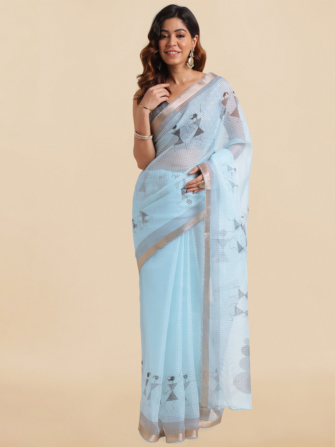 

MIRCHI FASHION Warli Printed Zari Saree, Blue