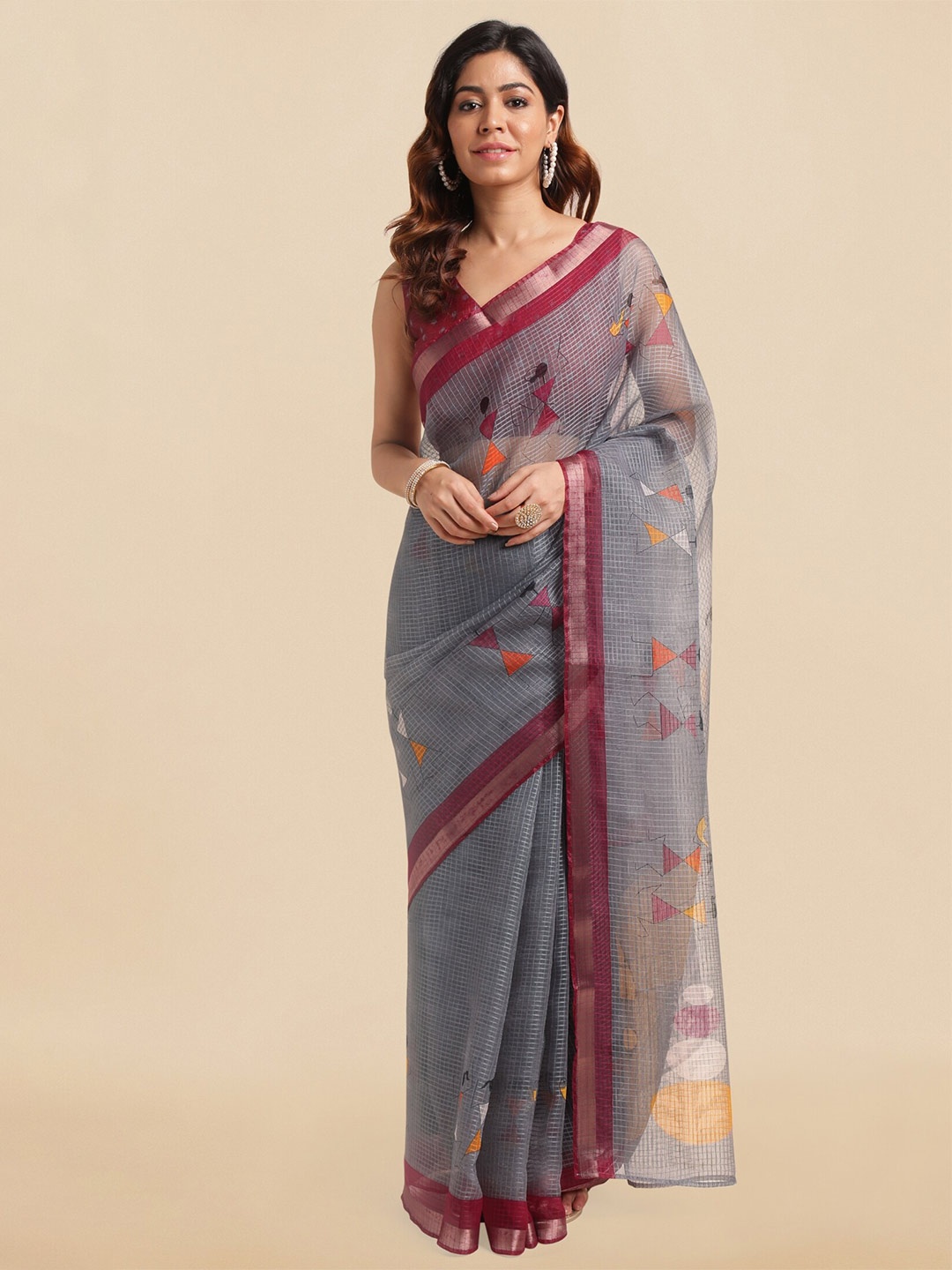 

MIRCHI FASHION Warli Printed Zari Saree, Grey
