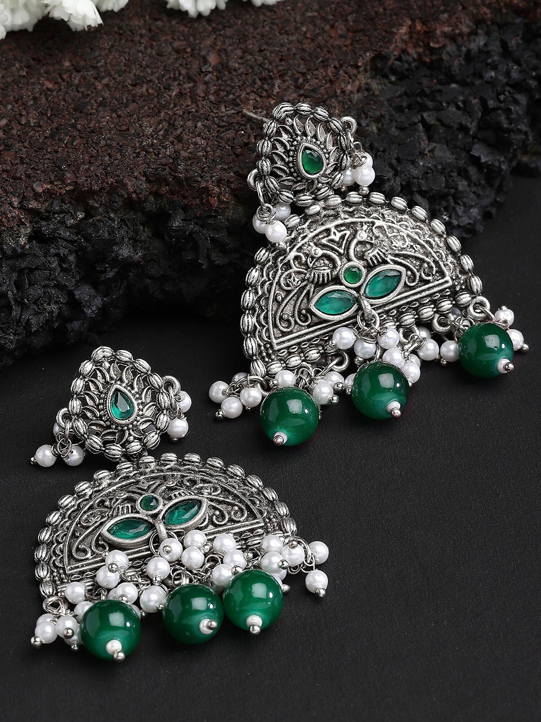 

KARATCART Silver Plated Kundan Studded & Beaded Oxidised Drop Earrings, Green