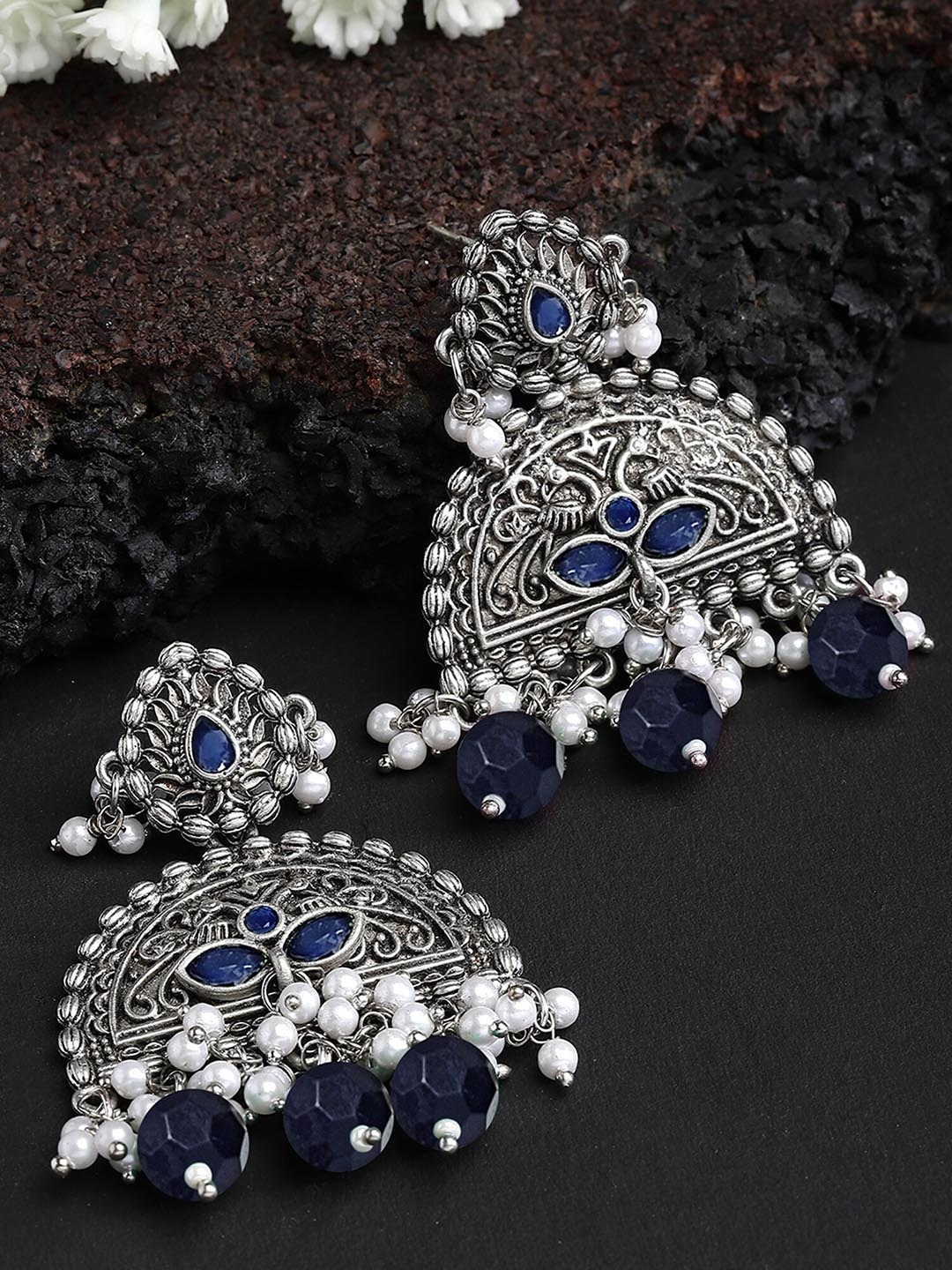 

KARATCART Silver Plated Kundan Studded & Beaded Oxidised Drop Earrings