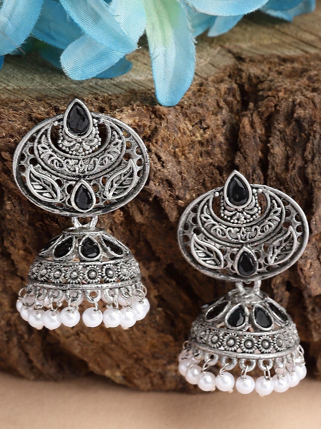 

KARATCART Silver Toned Oxidised Contemporary Jhumkas