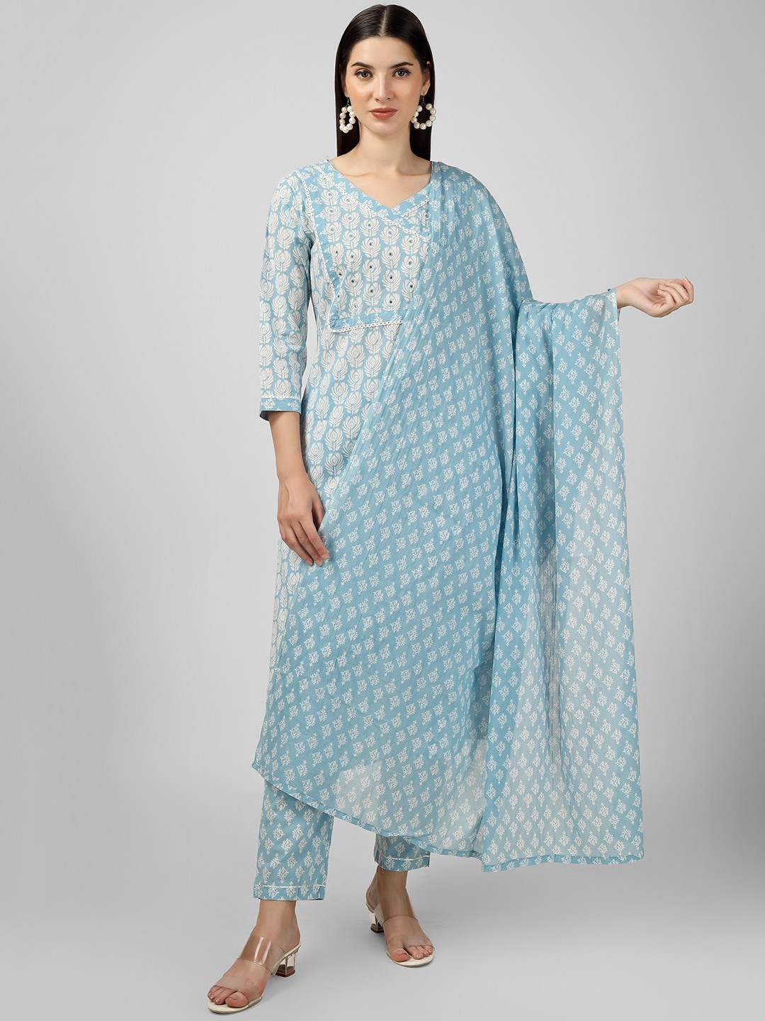 

misbis Ethnic Motifs Printed V-Neck Mirror Work Pure Cotton Straight Kurta Set, Blue