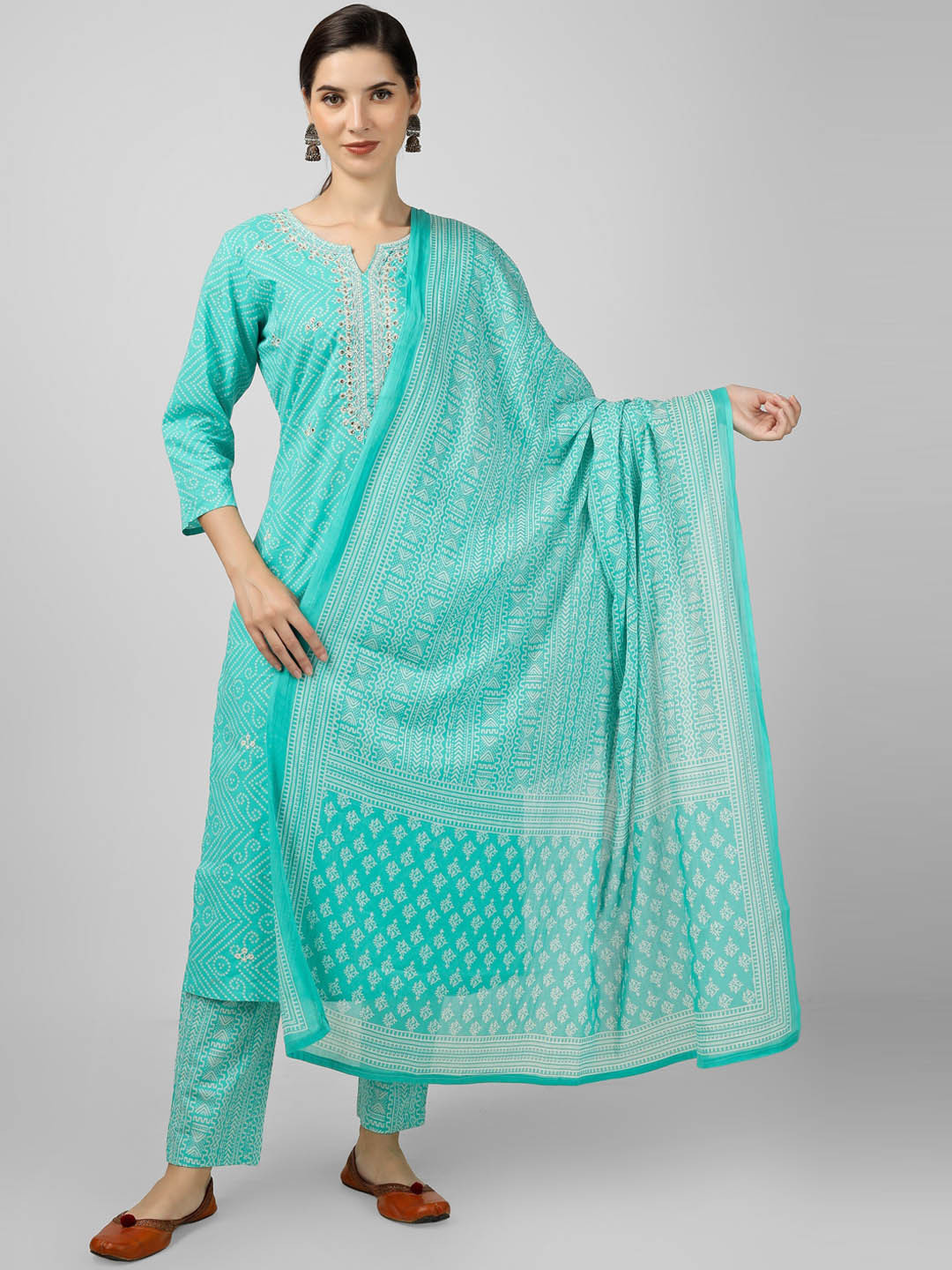 

misbis Bandhani Printed Thread Work Pure Cotton Straight Kurta & Trouser With Dupatta, Sea green