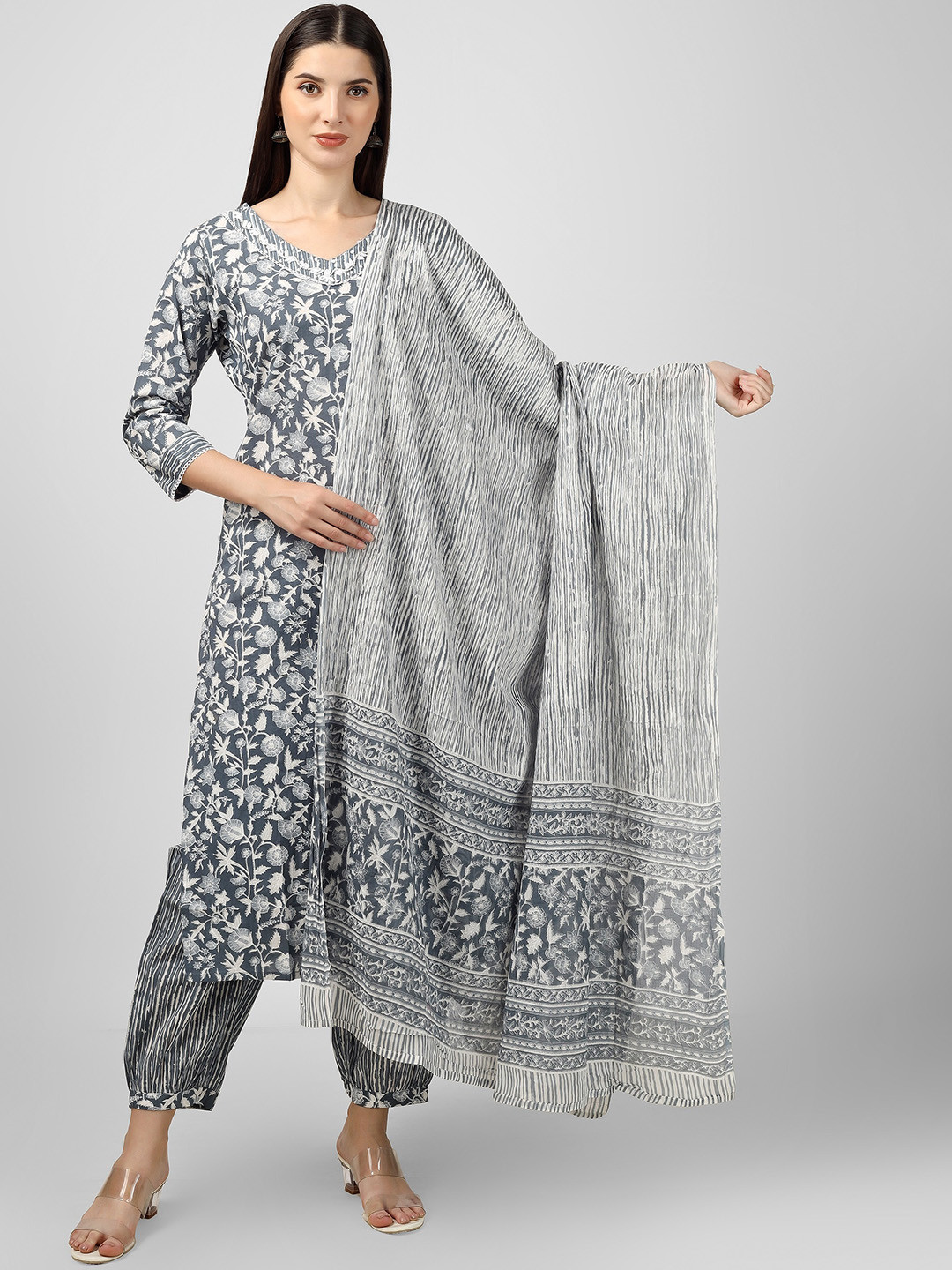 

misbis Floral Printed V-Neck Beads Pure Cotton Straight Kurta & Salwar With Dupatta, Grey