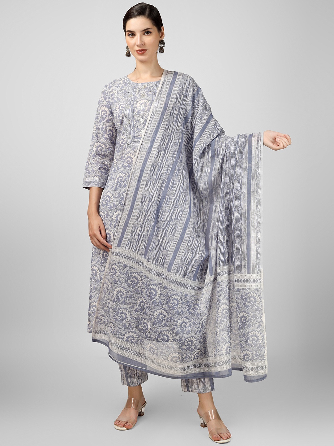 

misbis Printed Regular Thread Work Pure Cotton Kurta with Trousers & With Dupatta, Grey