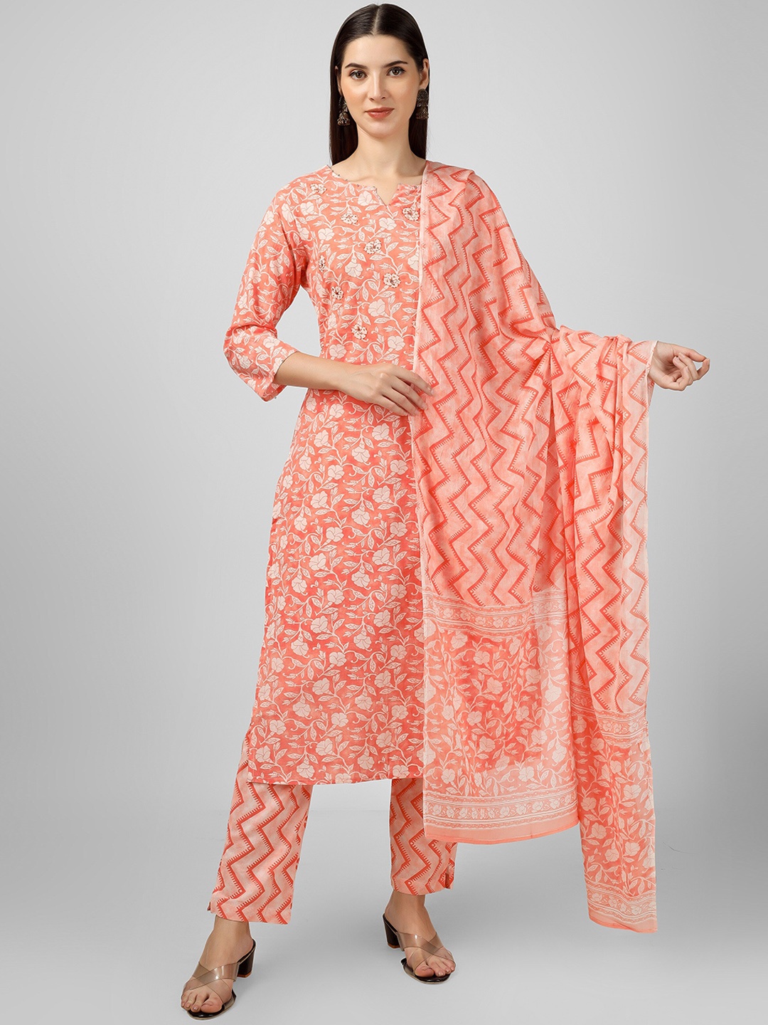 

misbis Floral Printed Mirror Work Pure Cotton Straight Kurta & Trouser With Dupatta, Orange