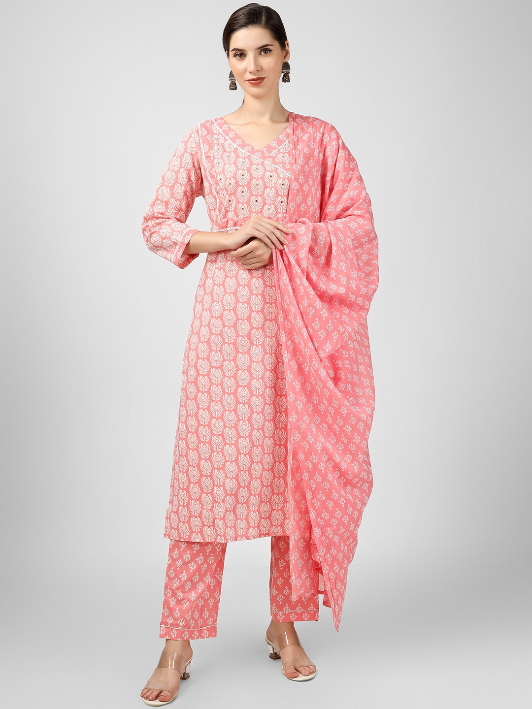 

misbis Floral Printed Regular Thread Work Pure Cotton Kurta with Trousers & With Dupatta, Peach
