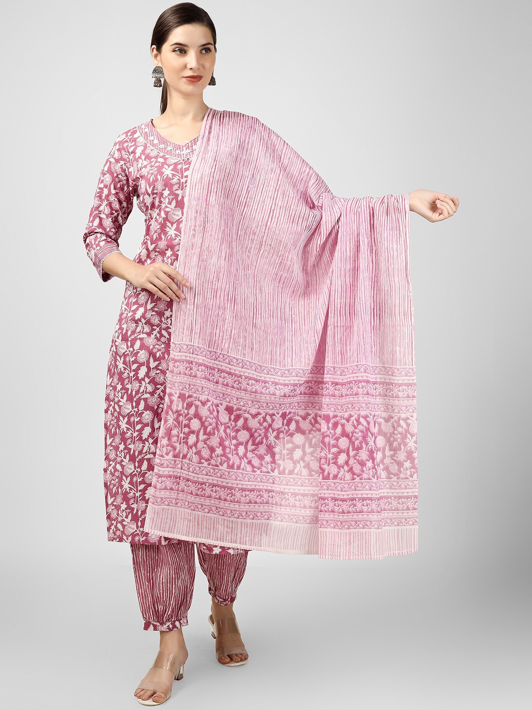 

misbis Floral Printed V-Neck Pure Cotton Straight Kurta & Salwar With Dupatta, Pink